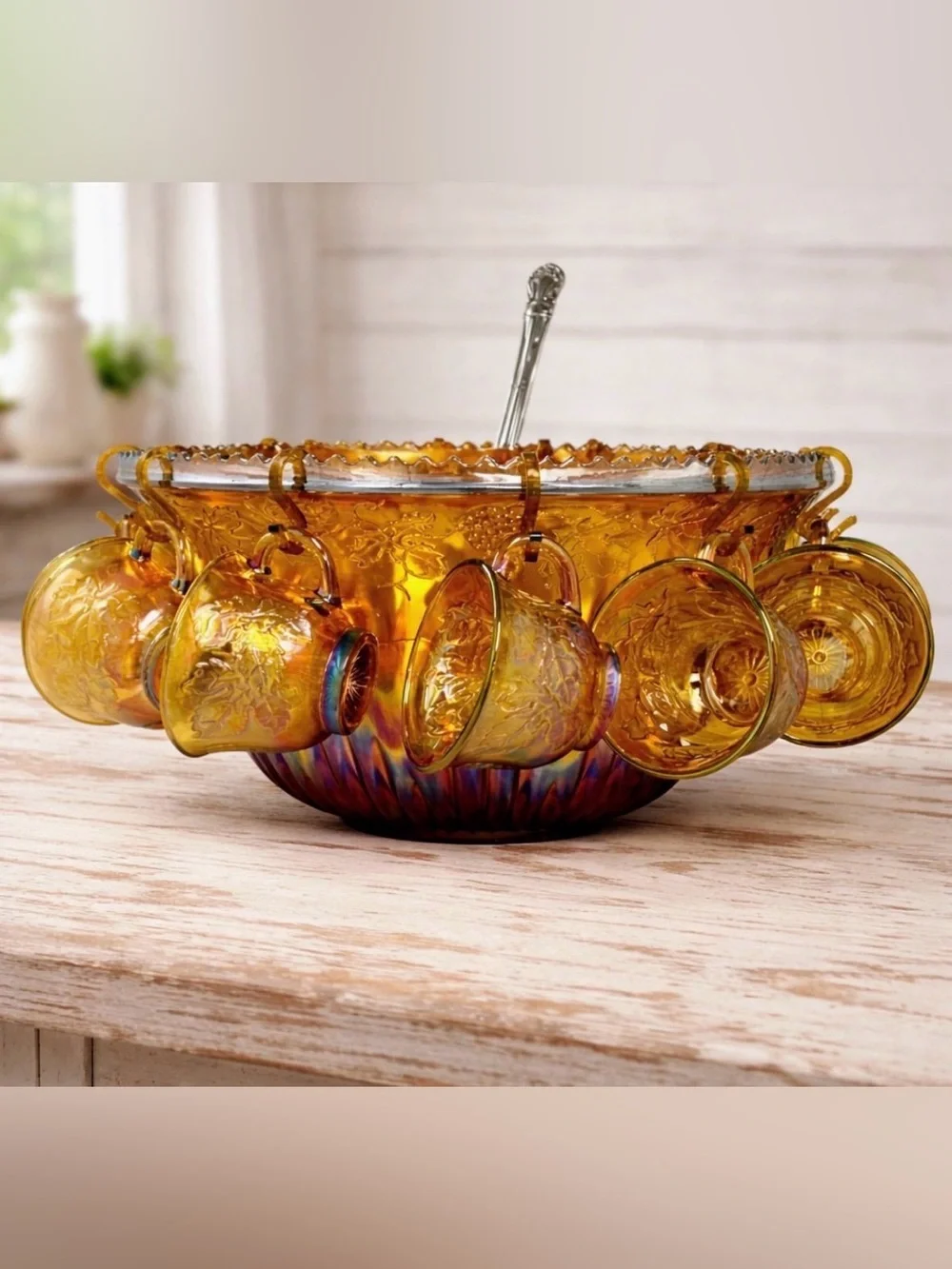 Vintage Indiana Glass Harvest Grape Marigold Carnival Punch Bowl Set 12 Cups